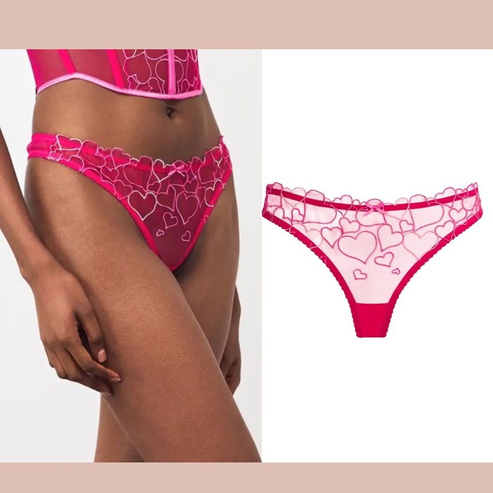 NEW $38 Skims [ XL ] Tulle‎ Embroidered Hearts Thong in Pink #6966